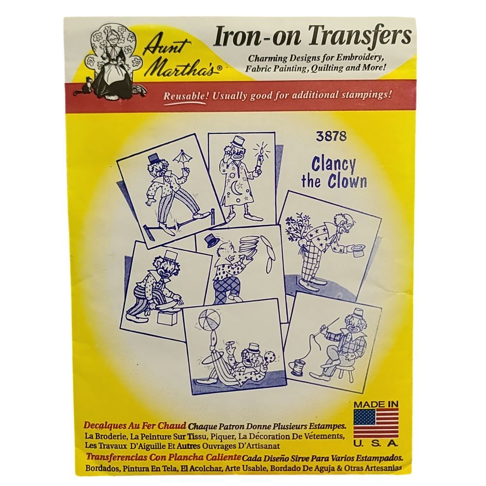 Aunt Martha's Clancy the Clown Iron-on Transfer Pattern #3878 Embroidery Design